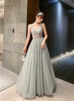 Picture of Shiny Beaded V Back Tulle Long Formal Dresses , Charming Tulle Party Dress